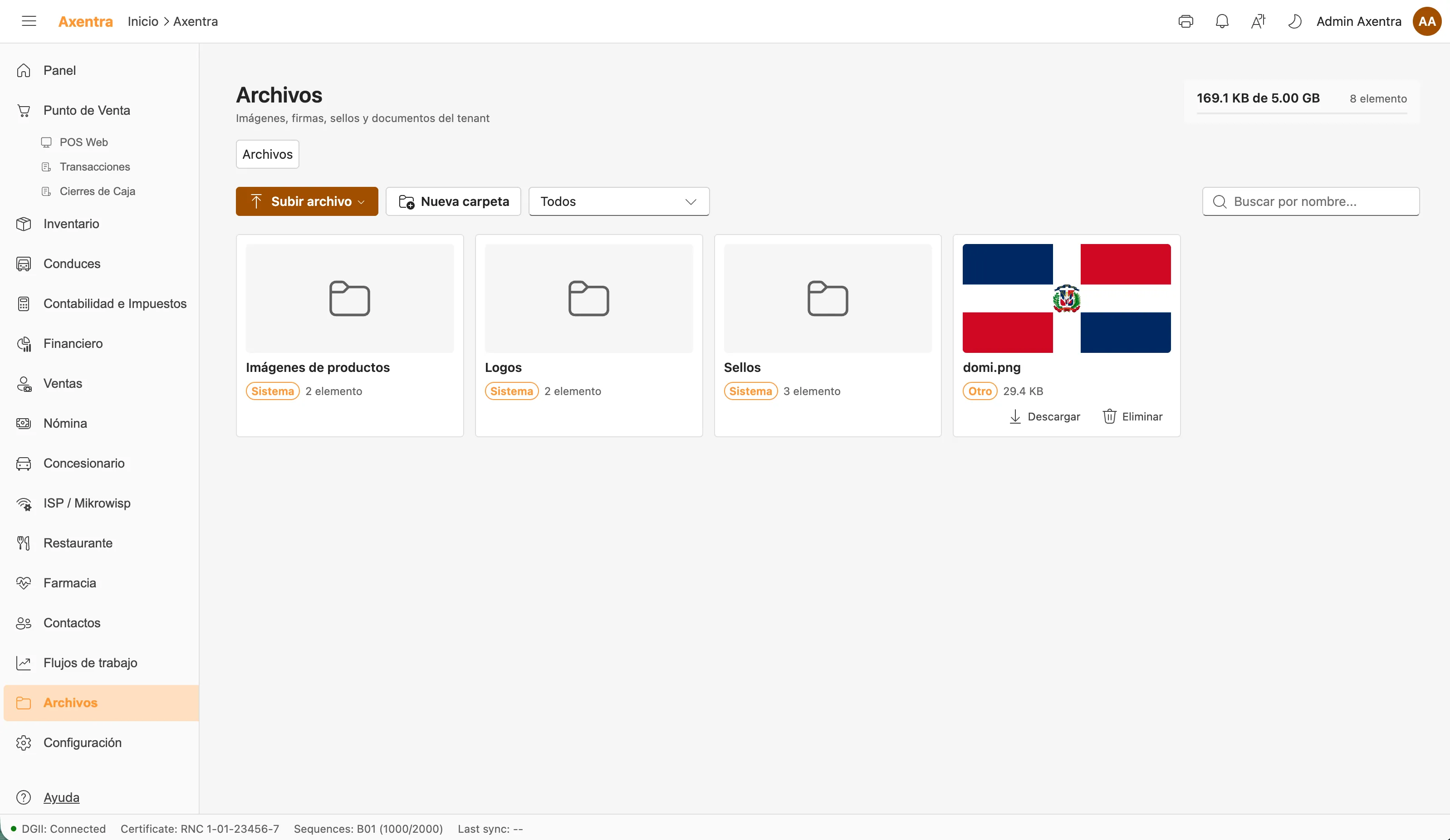 Captura del módulo Gestión de Archivos en Axentra ERP