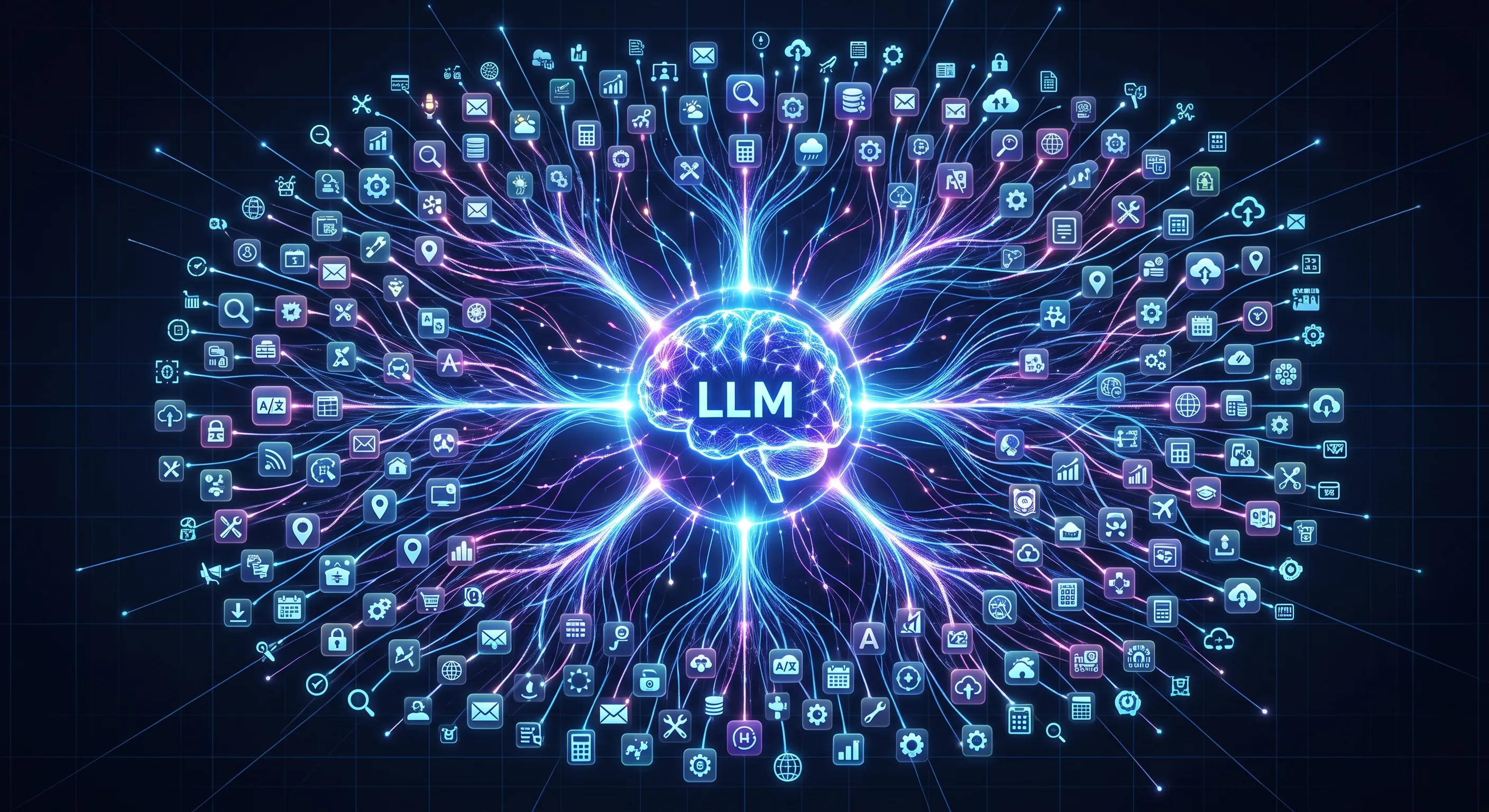 Ilustración de un cerebro luminoso con las letras LLM en el centro, conectado por hilos de luz a decenas de íconos de herramientas: gráficos, calendarios, calculadoras, documentos y bases de datos