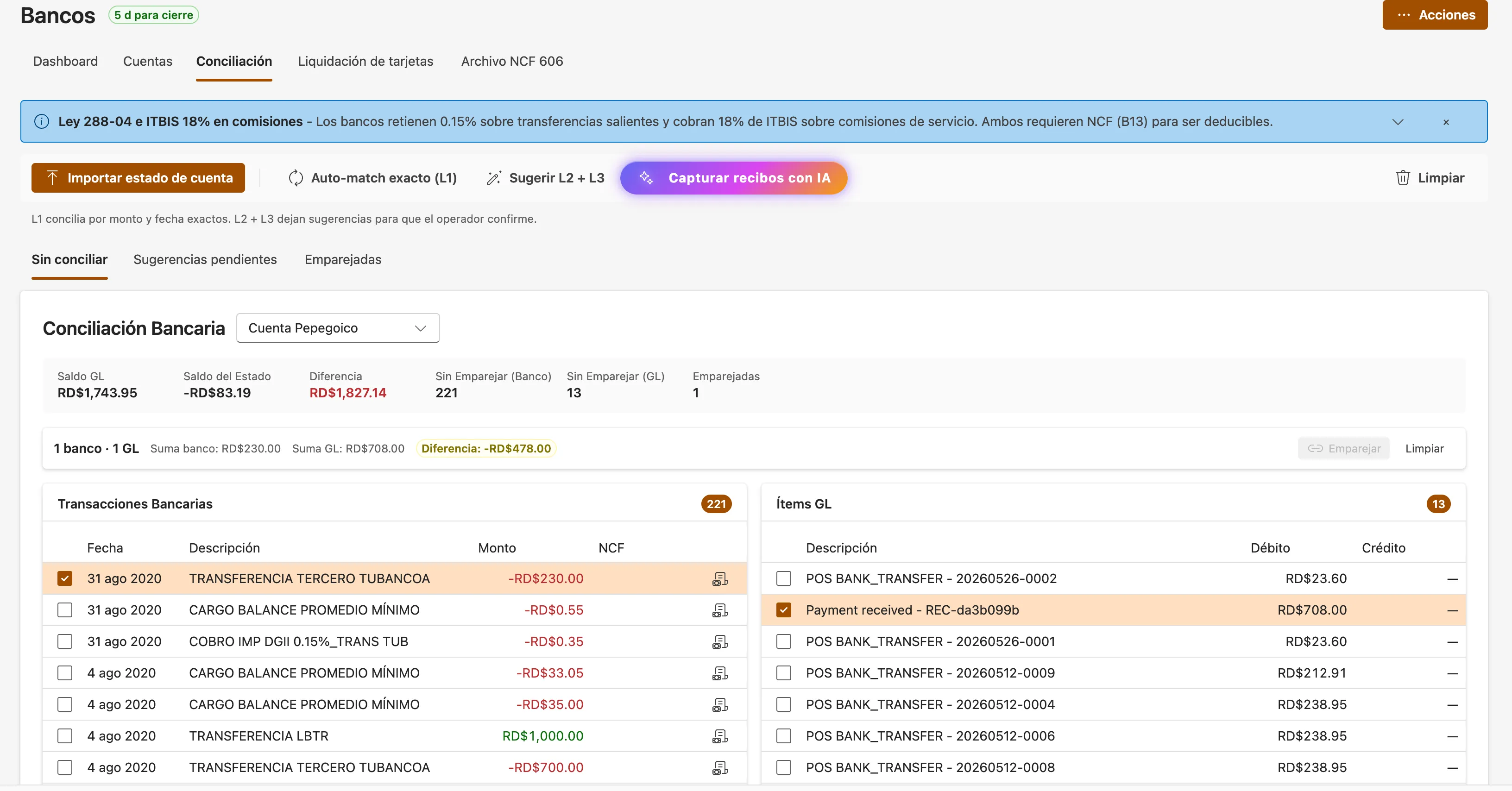 Captura del módulo Bancos en Axentra ERP