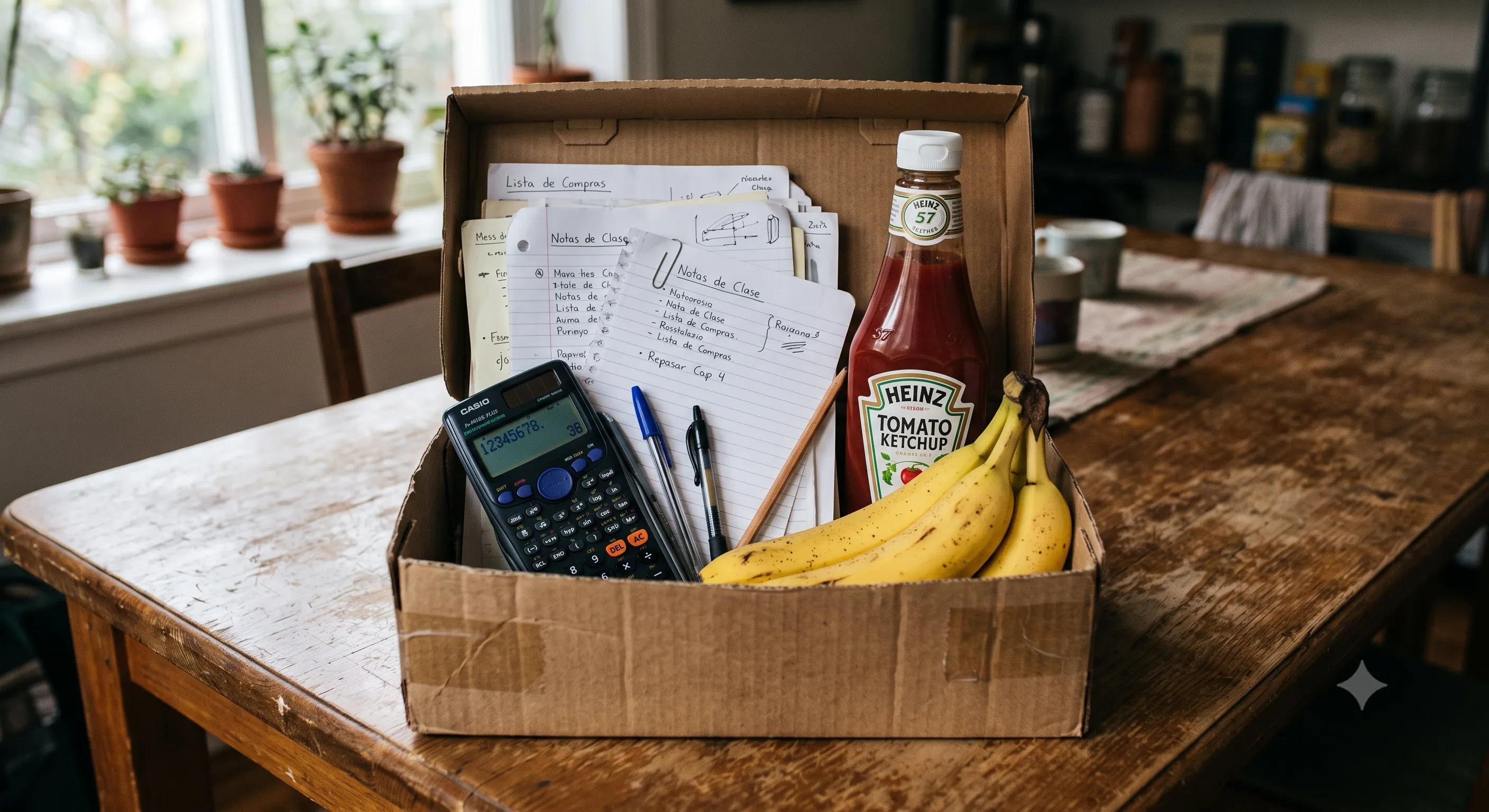 Caja de cartón sobre una mesa de madera con listas de compras escritas a mano, una calculadora y productos sueltos, la manera manual de operar un negocio que la integración elimina