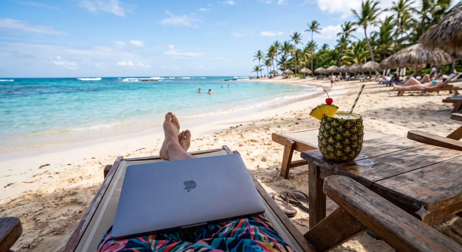 Dueño de negocio descansando en una playa dominicana con la laptop cerrada y una piña colada al lado: el sistema trabaja solo