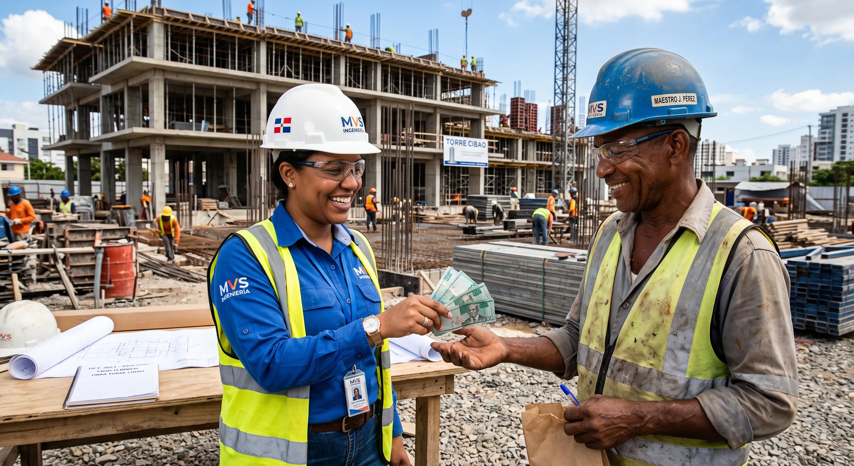 Ingeniera de una constructora dominicana paga en efectivo a un maestro de obra en el sitio de trabajo, con la estructura en construccion detras