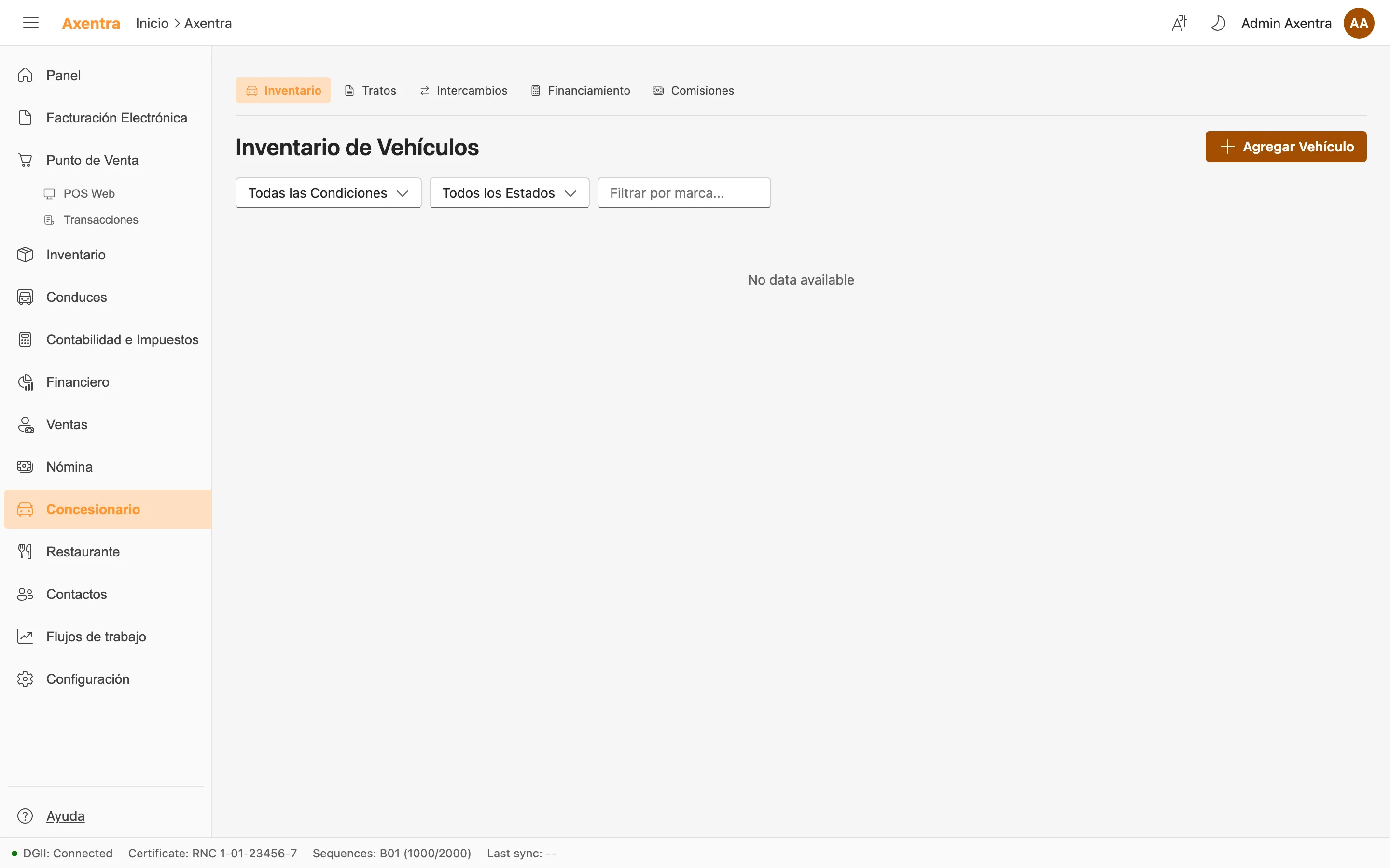 Captura del módulo Concesionarios de Vehículos en Axentra ERP