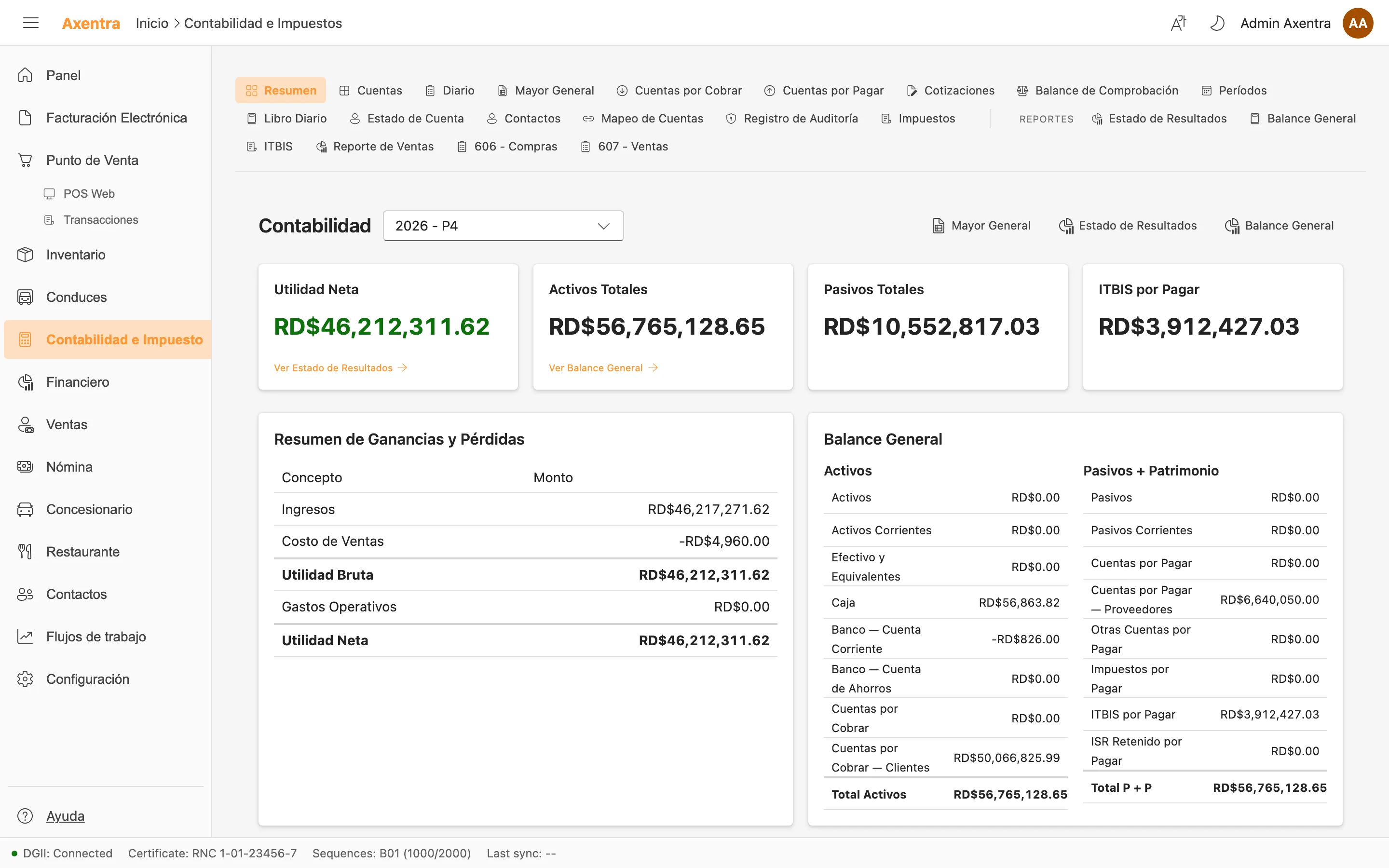 Captura del módulo Contabilidad en Axentra ERP