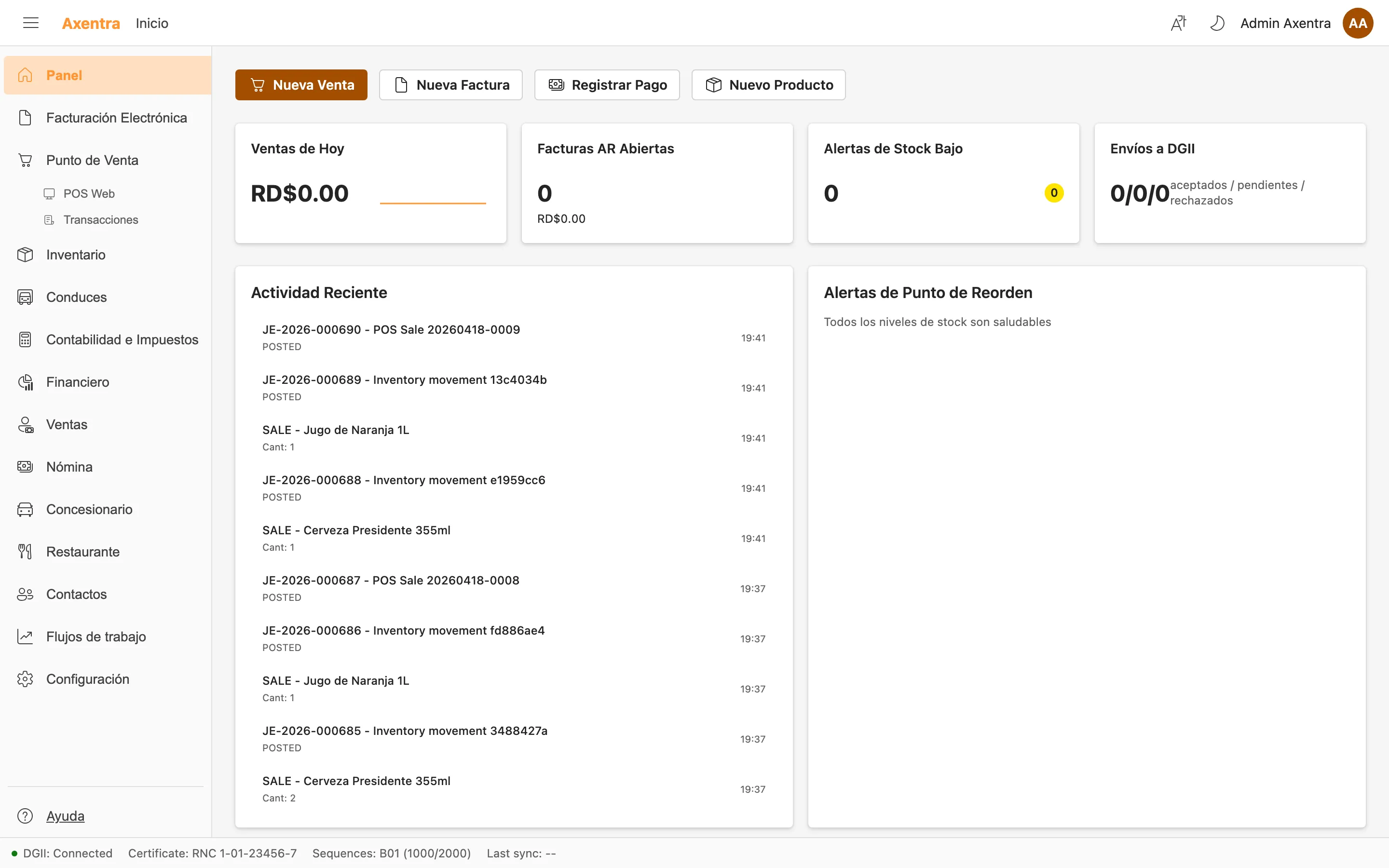 Panel de control de Axentra ERP mostrando ventas, e-CF y módulos activos