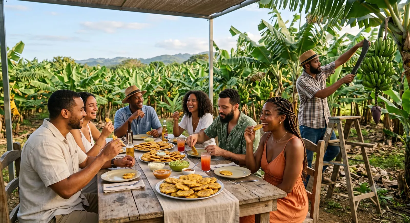 Grupo compartiendo tostones en una mesa en medio de un platanal dominicano, mientras un agricultor cosecha los plátanos detrás