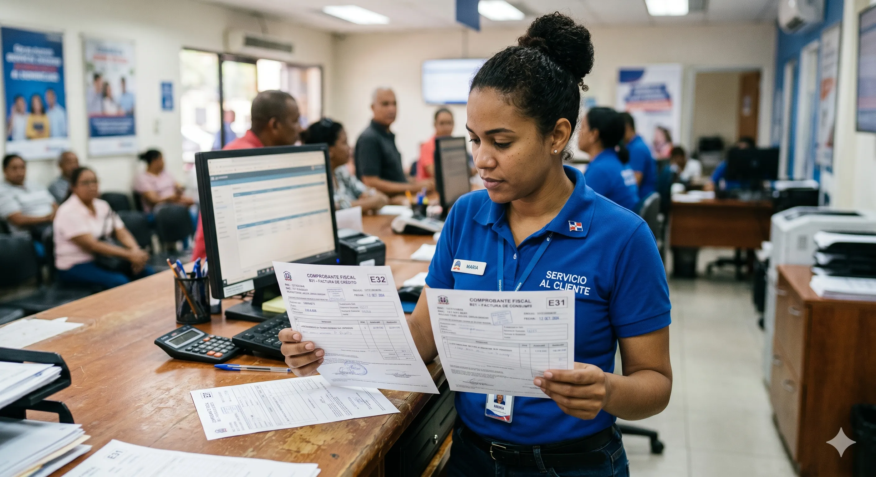 Cajera dominicana en la pantalla de cobro decidiendo entre Factura de Crédito Fiscal E31 y Factura de Consumo E32