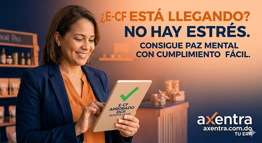 Comerciante dominicana revisando que su negocio ya está aprobado para emitir e-CF ante la DGII con Axentra