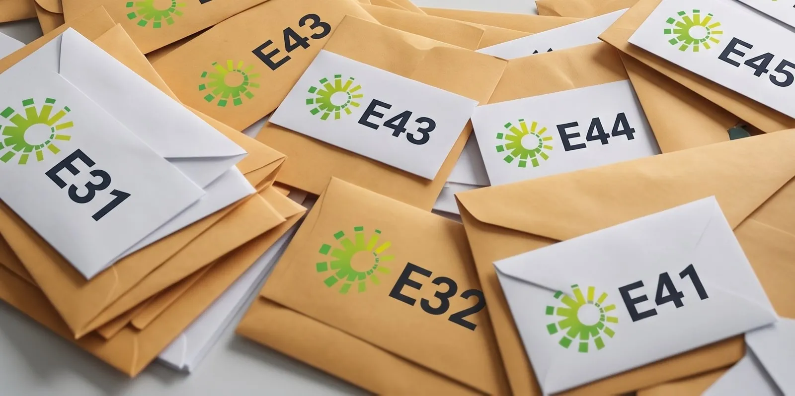 Sobres rotulados con los tipos de comprobante fiscal electrónico E31, E32, E41, E43, E44 y E45 listos para salir hacia la DGII