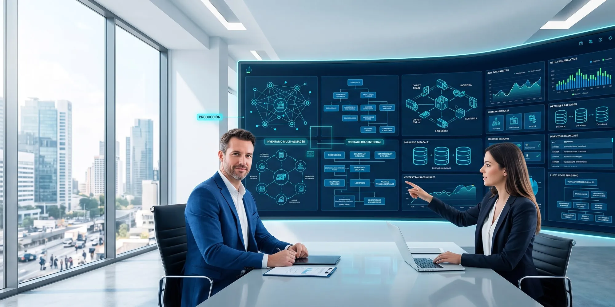 Dos ejecutivos en una sala de juntas revisando un tablero curvo donde el inventario, la contabilidad y las ventas aparecen conectados en una sola pantalla