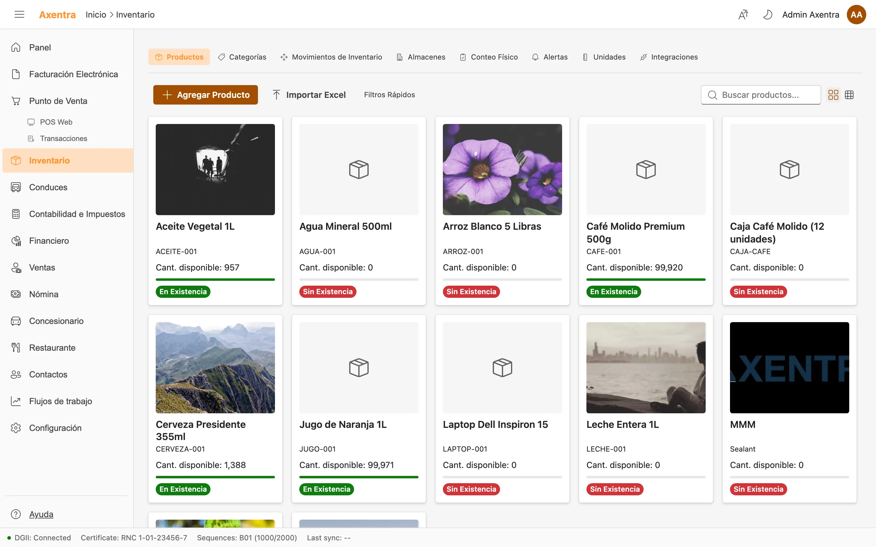 Captura del módulo Inventario multi-almacén en Axentra ERP
