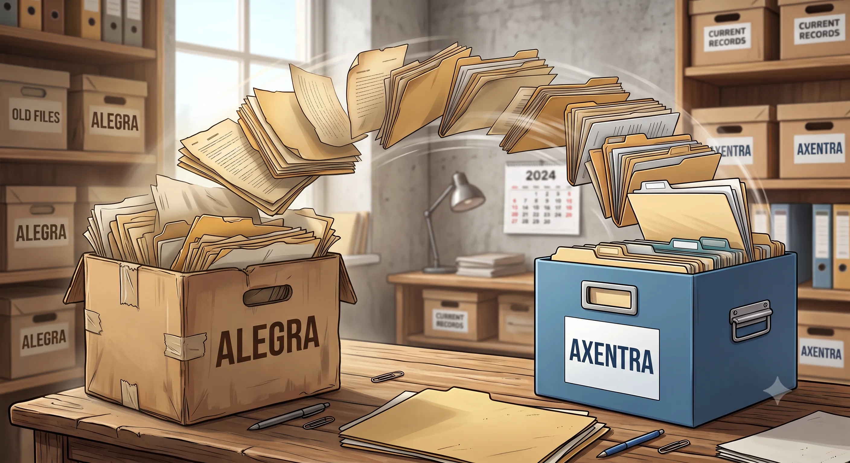 Ilustración de una migración de datos: documentos y carpetas vuelan en arco desde una caja de archivo hacia una caja azul rotulada Axentra, donde quedan clasificados y ordenados