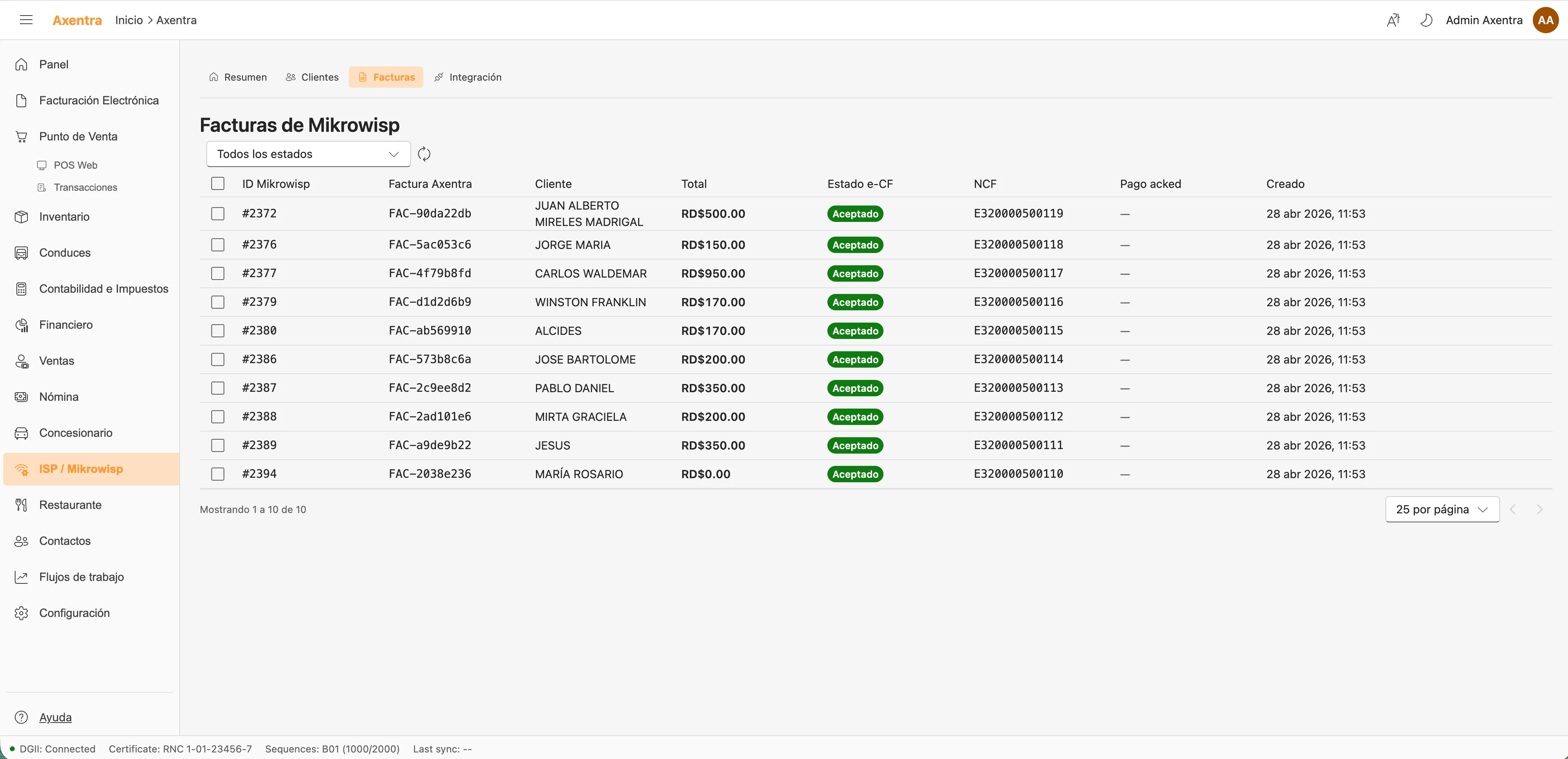 Captura del módulo Integración Mikrowisp (ISP) en Axentra ERP