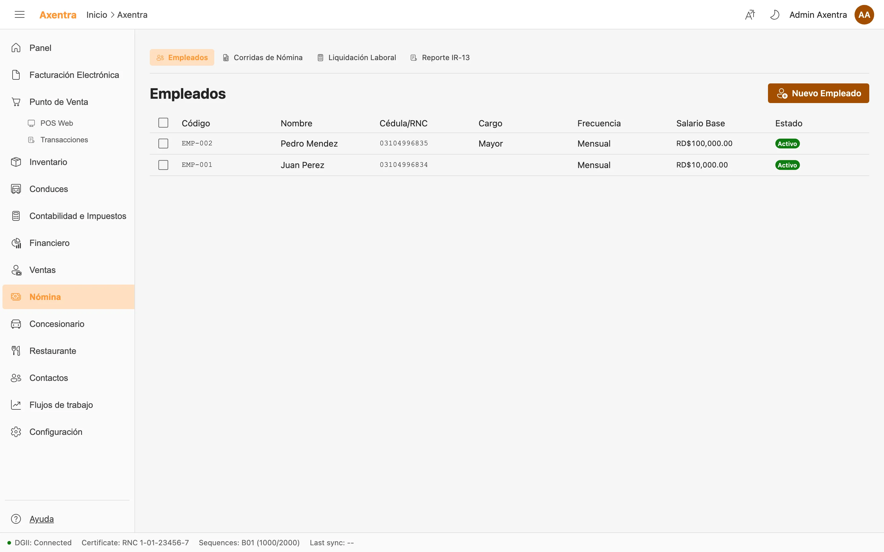 Captura del módulo Nómina en Axentra ERP