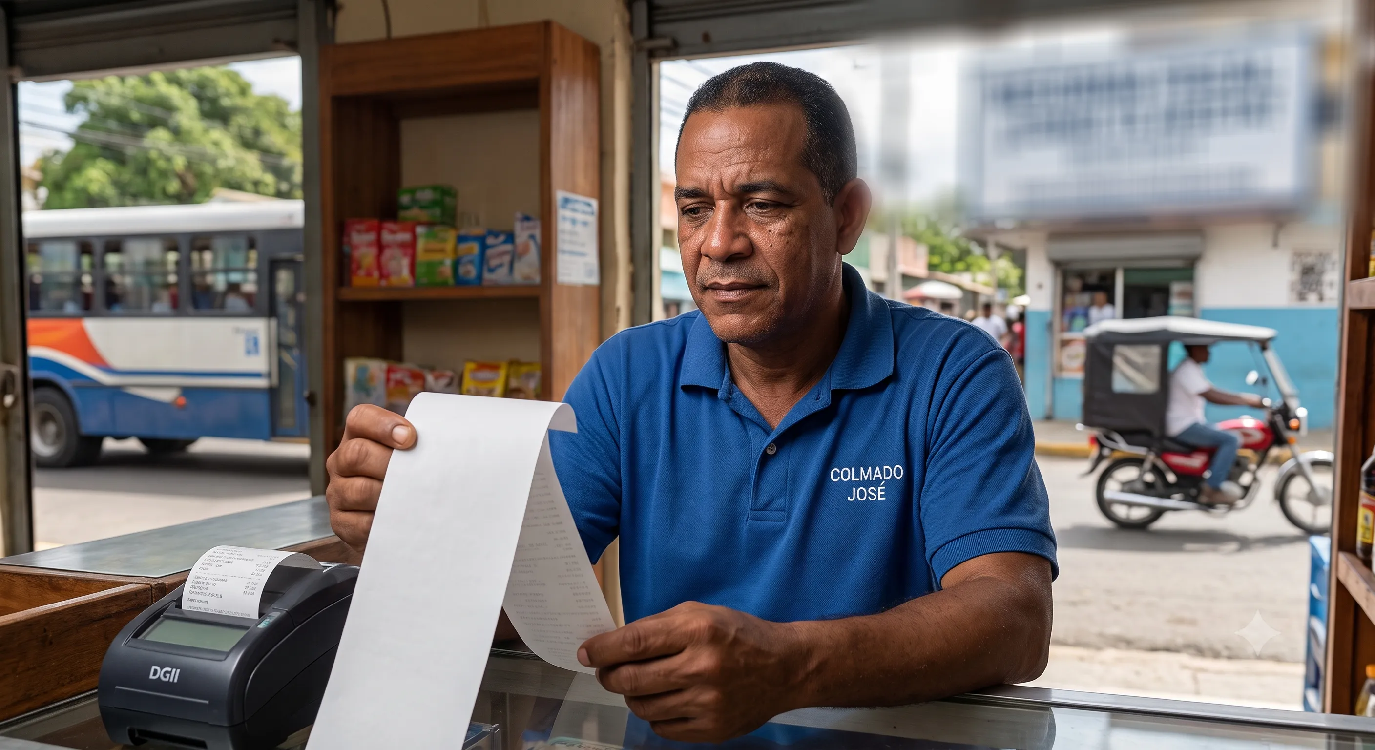 Dueño de un colmado dominicano revisa un recibo largo junto a una impresora fiscal, mientras la reforma fiscal encarece cada transferencia y cheque de su negocio