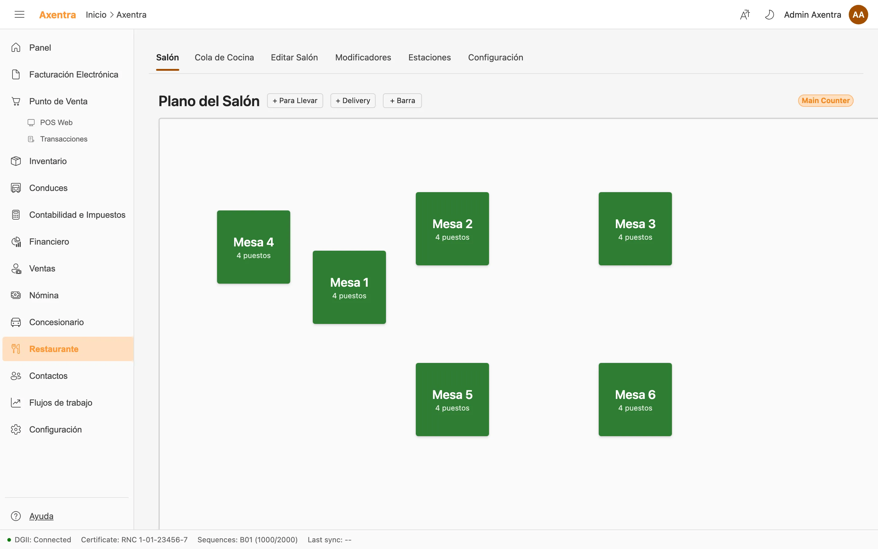 Captura del módulo Restaurante + KDS en Axentra ERP