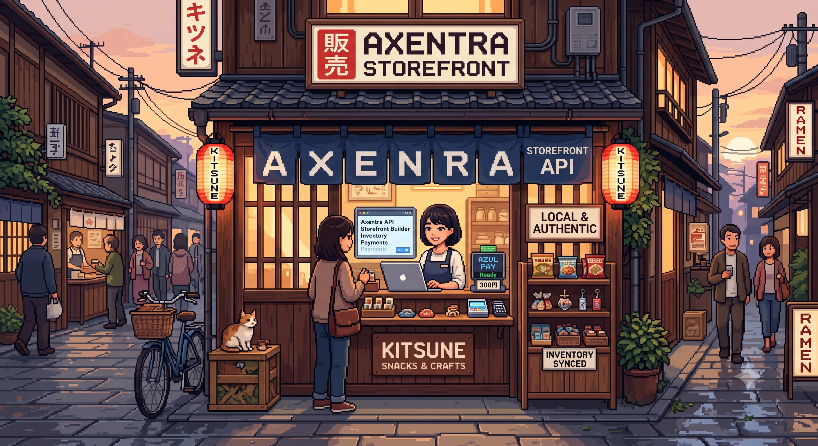 Ilustración en pixel art de una tienda de barrio al atardecer con el rótulo Axentra Storefront, la vendedora atendiendo desde una laptop y letreros de inventario sincronizado y pago con tarjeta listo