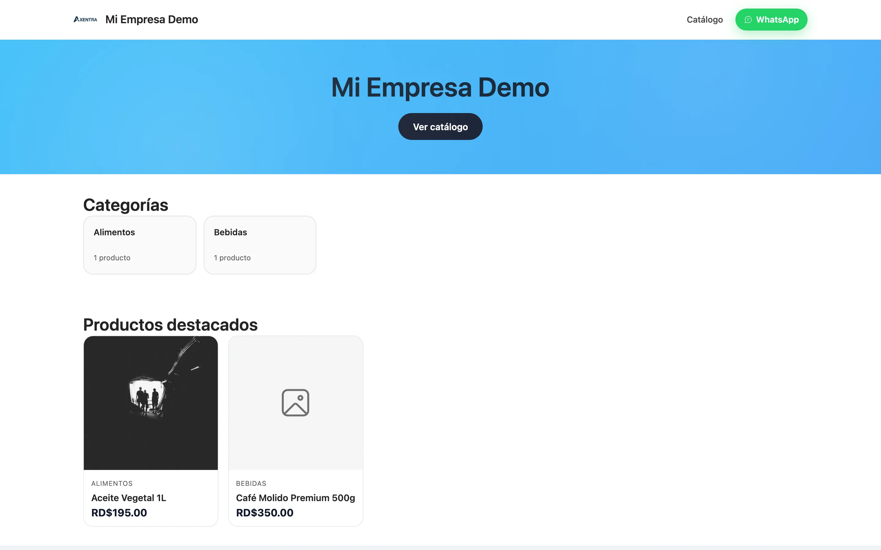 Captura del módulo Tienda Pública en Axentra ERP